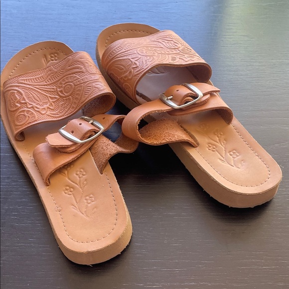 Brown Embossed Slide Sandals - Picture 3 of 3